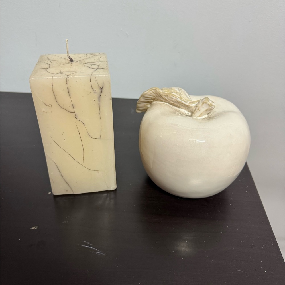 Cream Candle and Ceramic Apple Decor